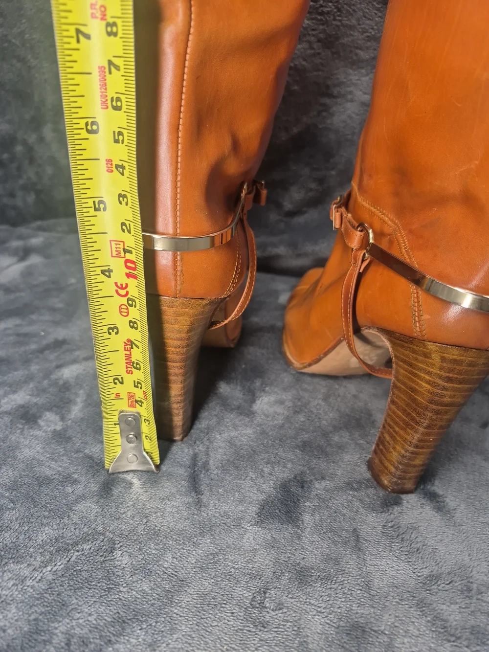 Vtg Cognac Brown Leather Classic Knee High Boots Ankle Strap Gold Tone 7.5